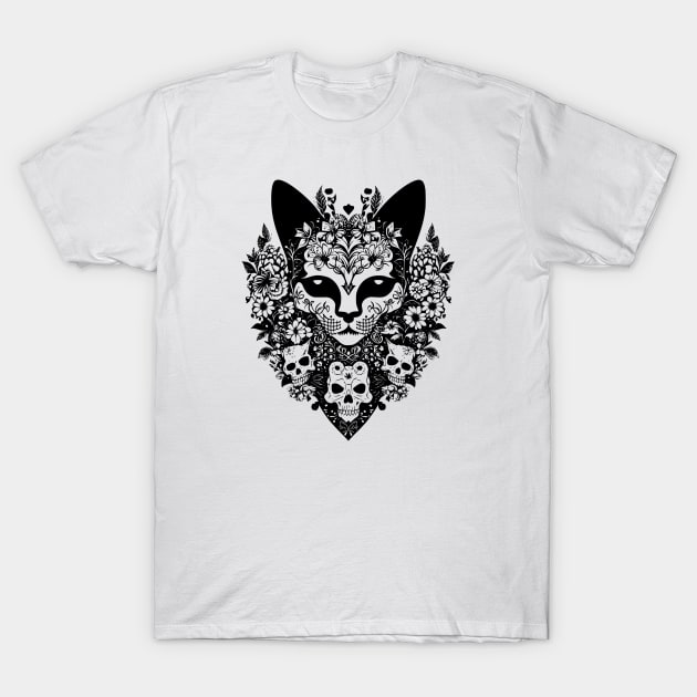 Creepy demon cat with demon skulls and flowers T-Shirt by KHWD